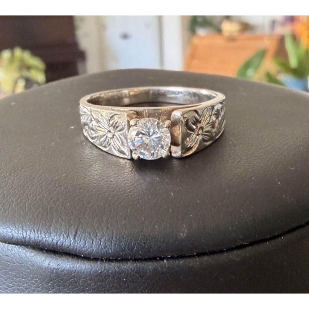 Vtg 925 Sterling Silver Floral Engraved Statement Ring Sz 10 Round boho western